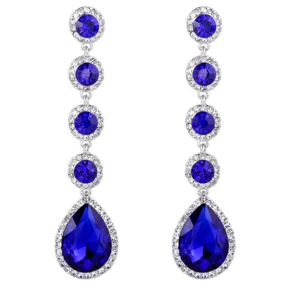Silver with Sapphire Blue Diamond Austrian Crystal Teardrop Chandelier Earrings - Picture 1 of 6